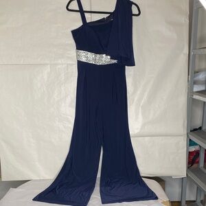 Roz & Ali Navy One-Shoulder Evening Dress with Silver Beaded Waist